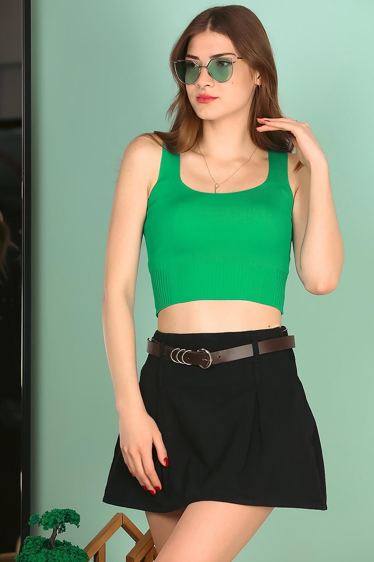 Kadın Askılı Crop Bluz Yeşil - Detay Görünümü