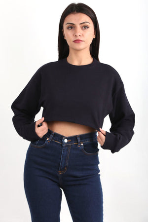 Kadın Bisiklet Yaka Crop Bluz Lacivert - Ön Görünüm