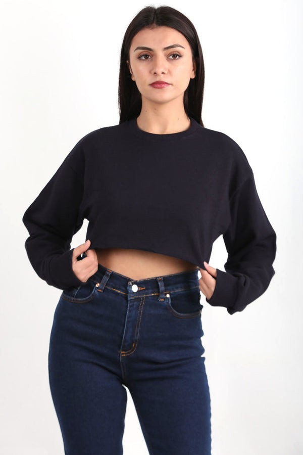 Kadın Bisiklet Yaka Crop Bluz Lacivert - Ön Görünüm