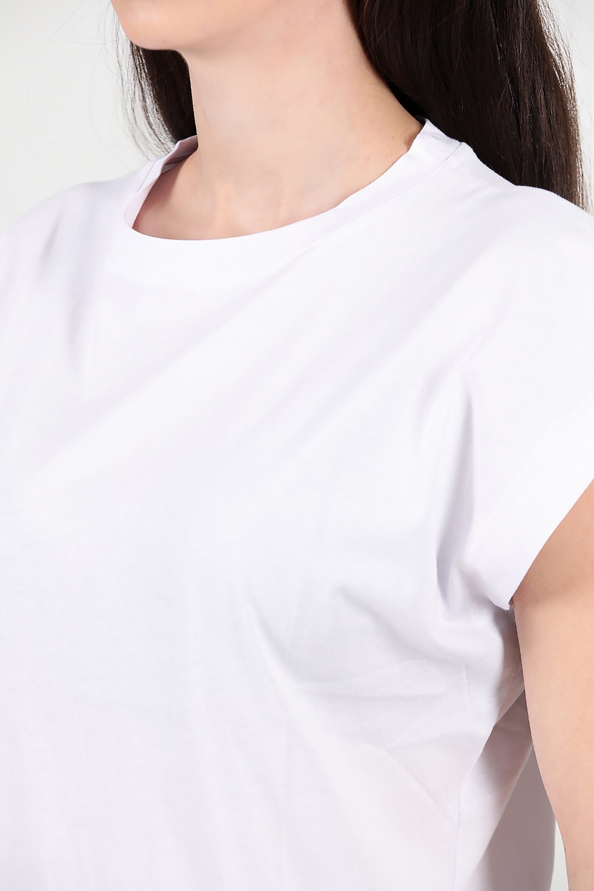 Kadın Bisiklet Yaka Oversize T-Shirt Ekru - Genel Görünüm