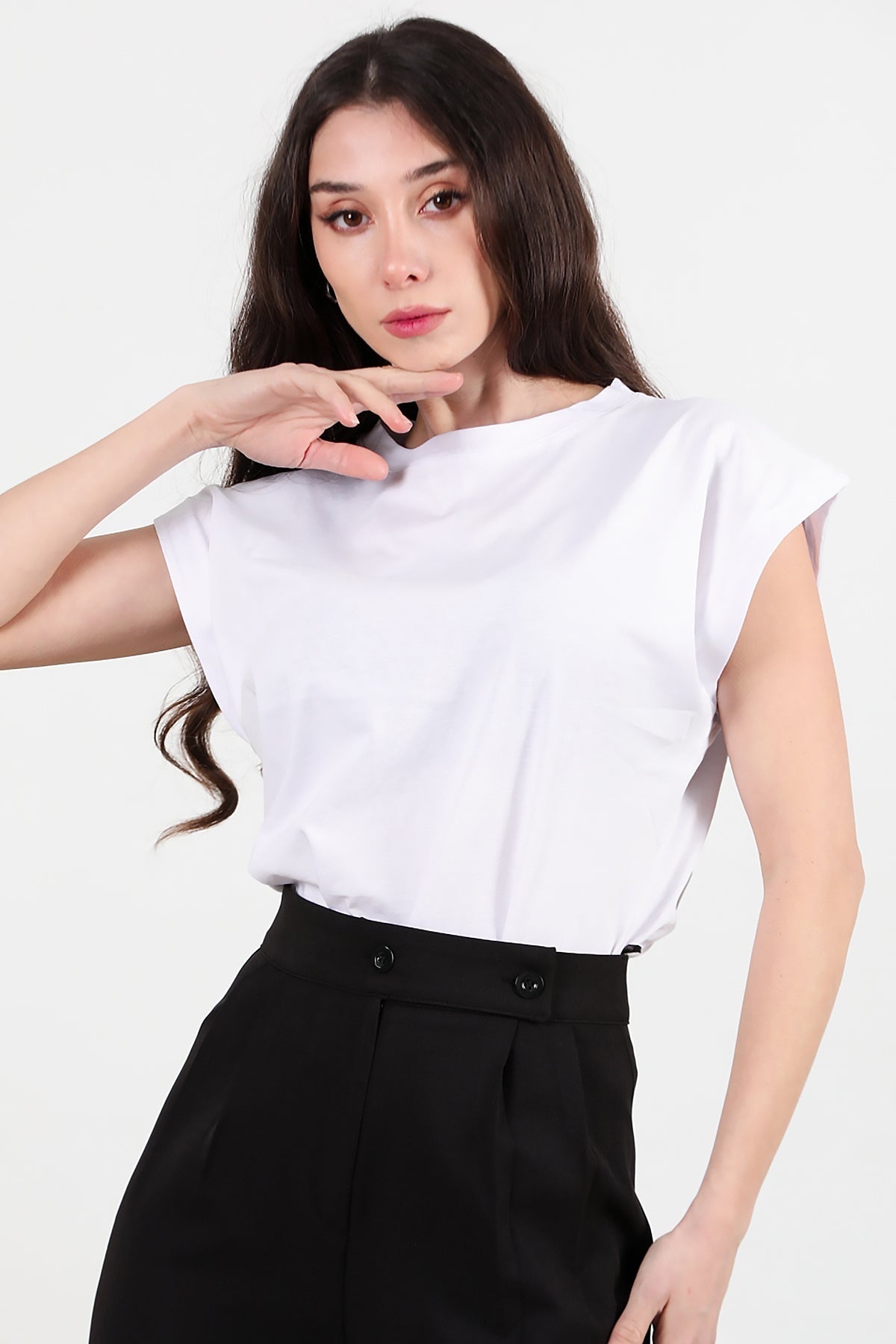 Kadın Bisiklet Yaka Oversize T-Shirt Ekru - Ön Görünüm