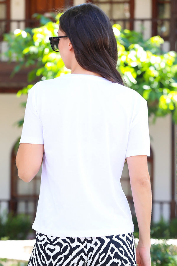 Kadın Bisiklet Yaka Tshirt Beyaz - Genel Görünüm