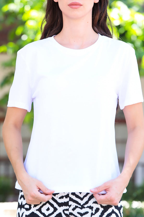 Kadın Bisiklet Yaka Tshirt Beyaz - Kumaş Detayı