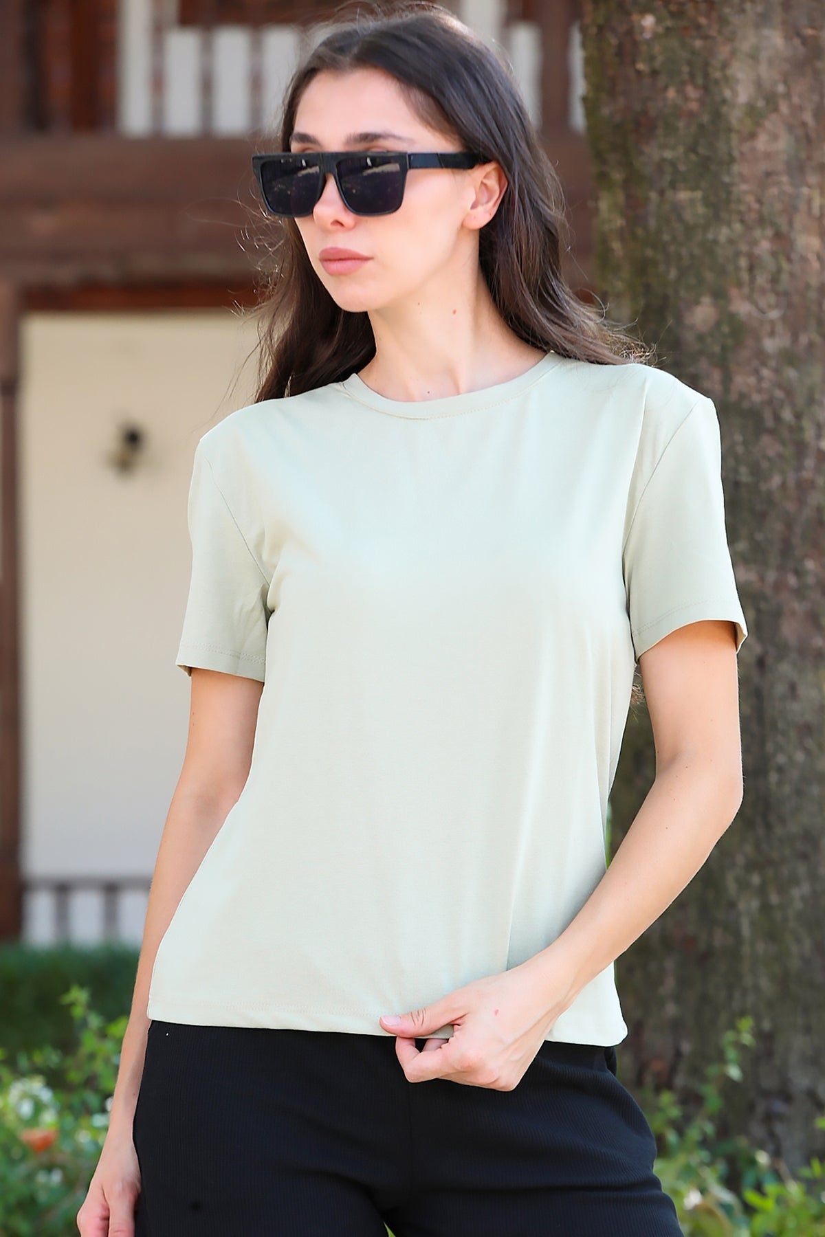 Kadın Bisiklet Yaka Tshirt Haki - Arka Görünüm
