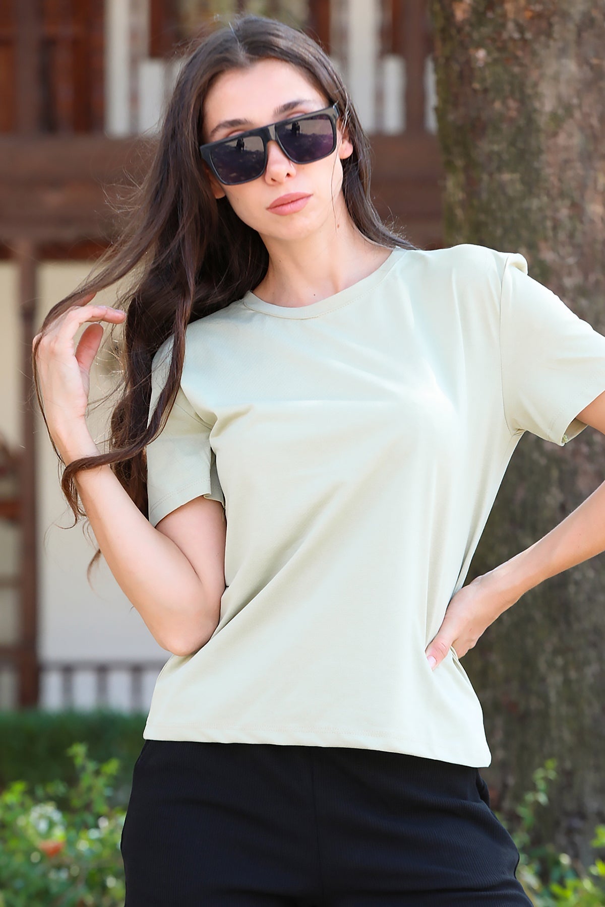 Kadın Bisiklet Yaka Tshirt Haki - Ön Görünüm