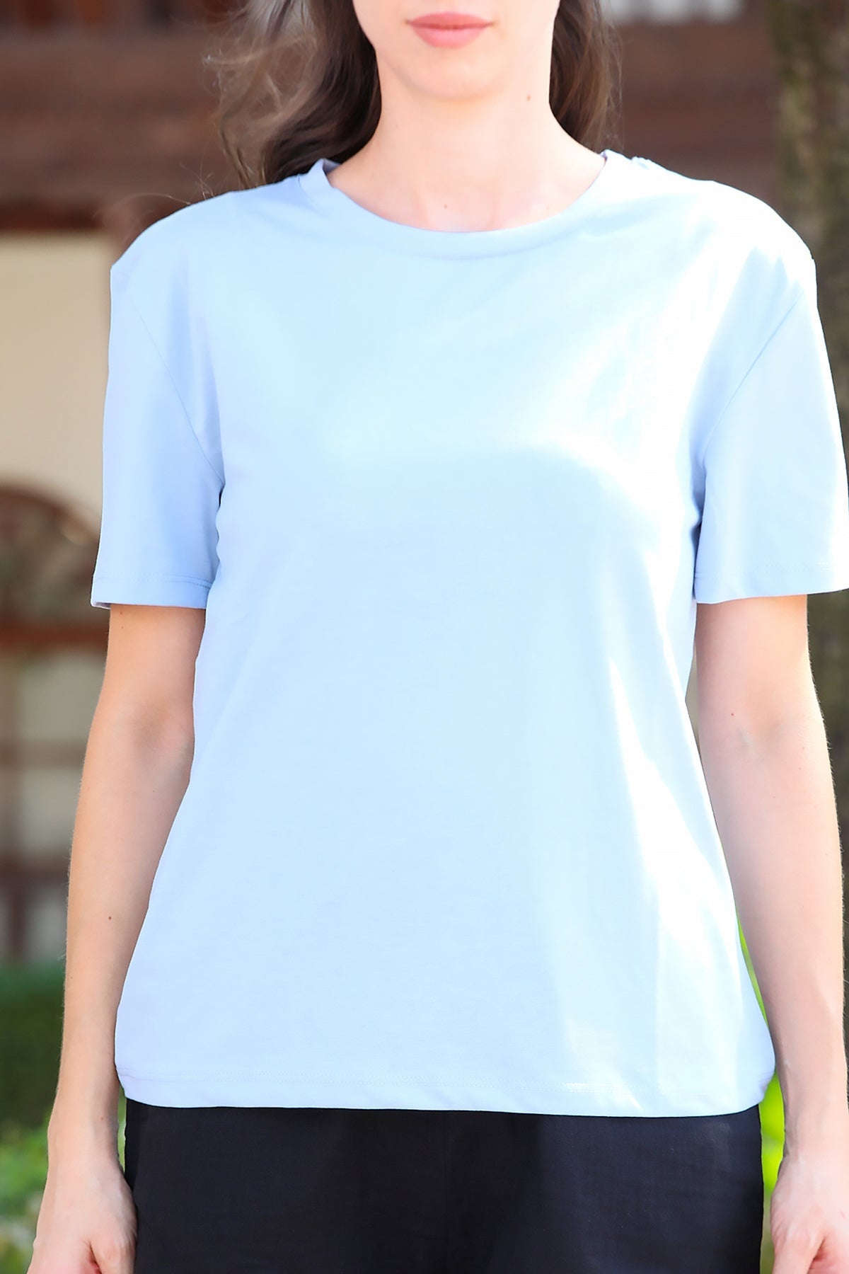 Kadın Bisiklet Yaka Tshirt Mavi - Yakın Çekim Detay