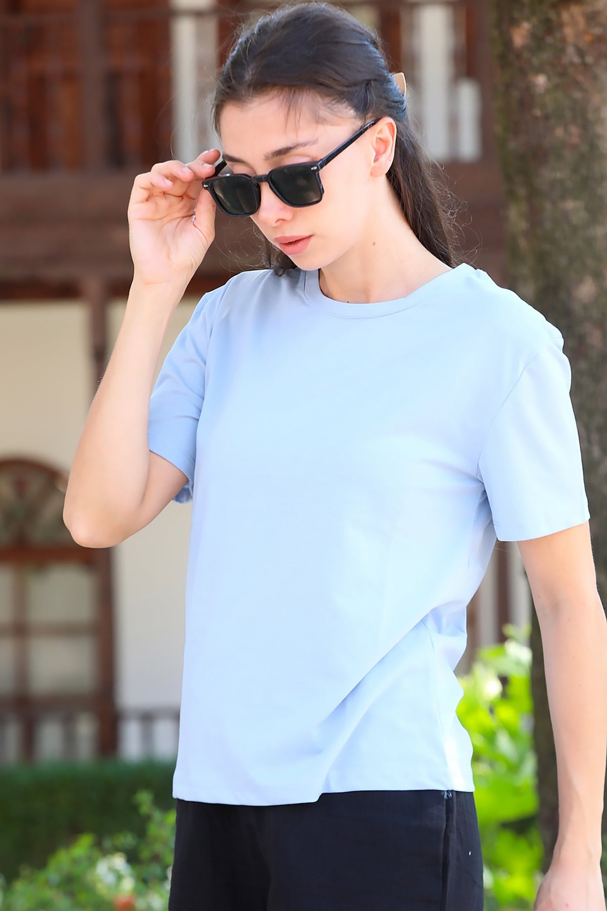 Kadın Bisiklet Yaka Tshirt Mavi - Yandan Görünüm
