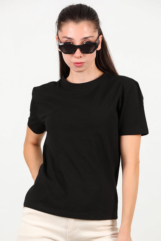 Kadın Bisiklet Yaka Tshirt Siyah - Ön Görünüm