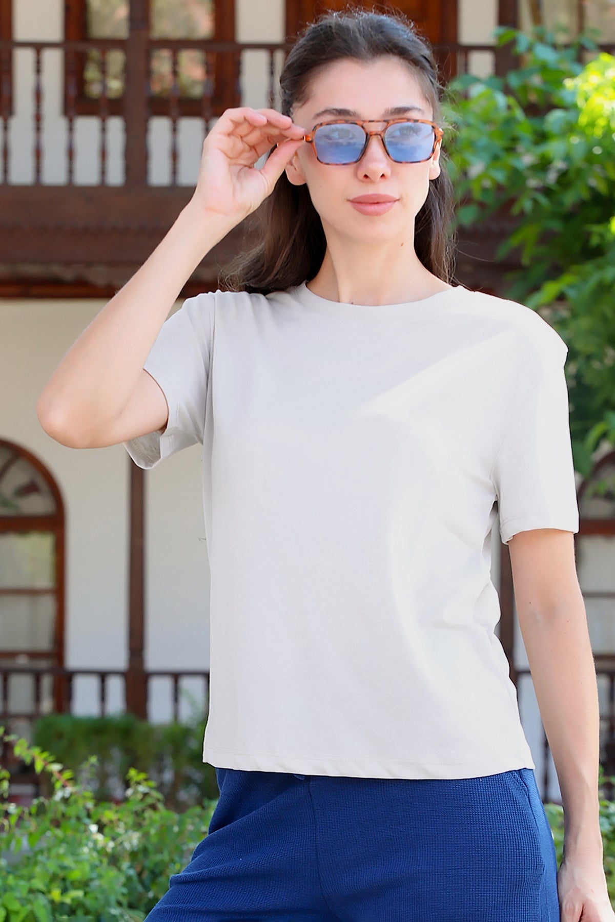 Kadın Bisiklet Yaka Tshirt Vizon - Arka Görünüm