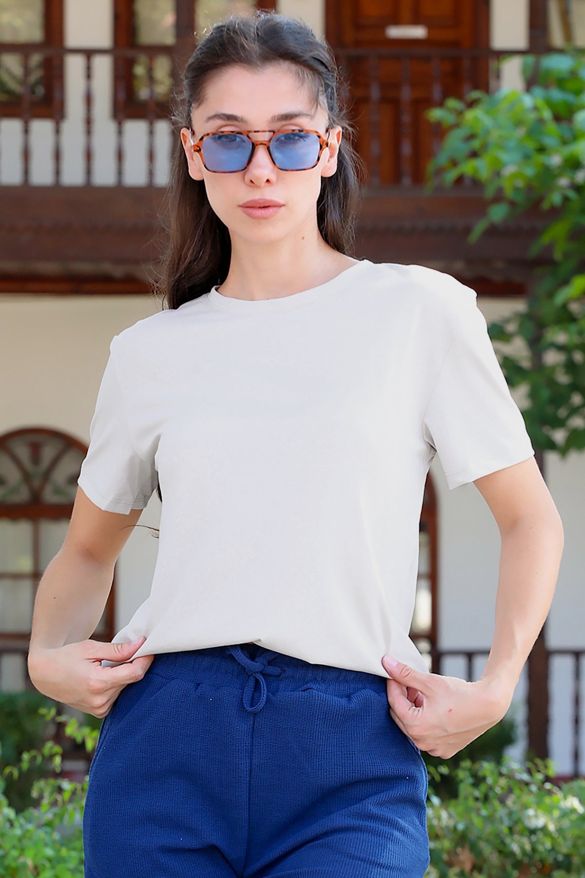 Kadın Bisiklet Yaka Tshirt Vizon - Ön Görünüm