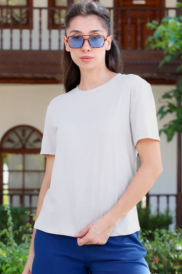 Kadın Bisiklet Yaka Tshirt Vizon - Yandan Görünüm