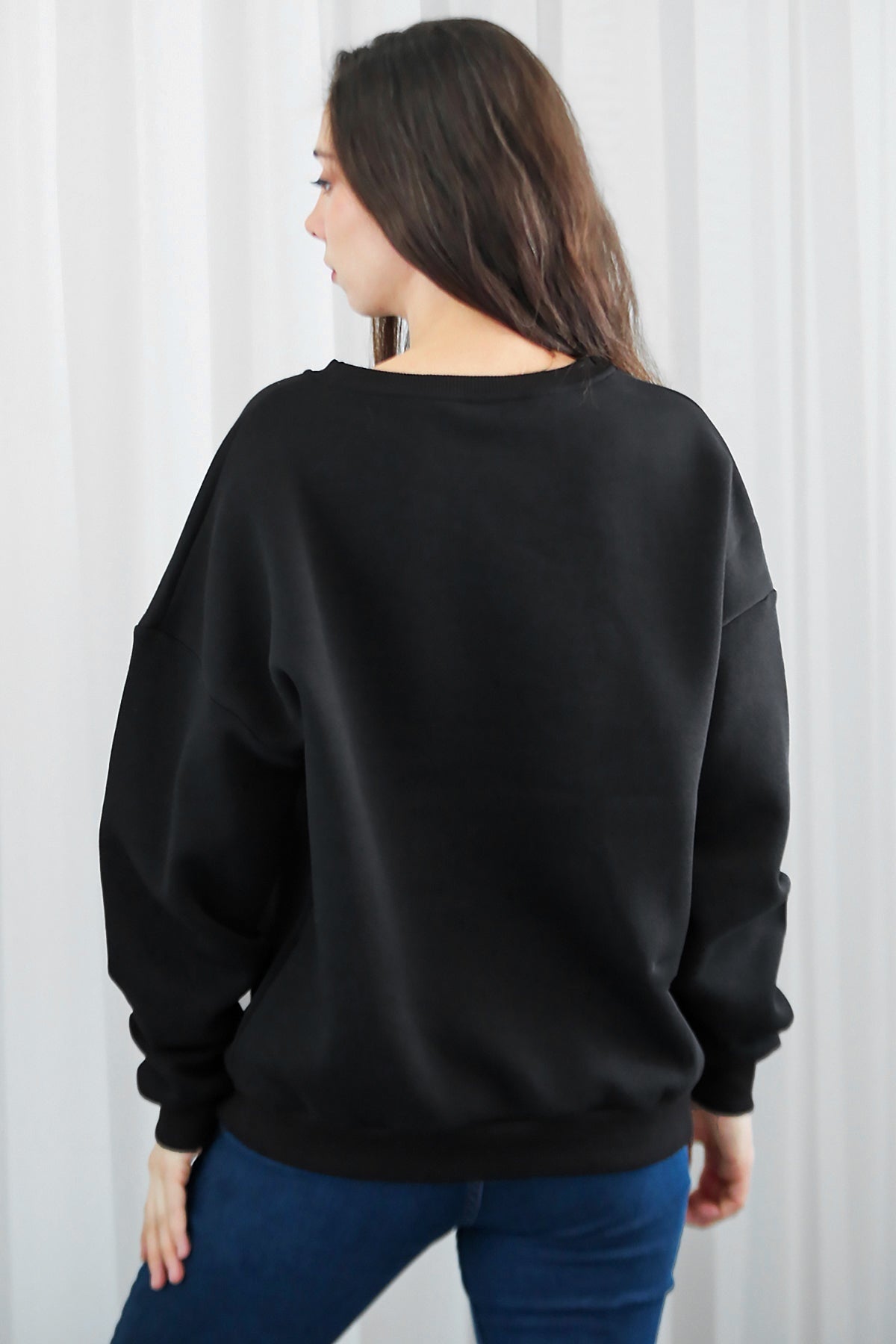 Kadın Bisiklet Yaka Üç İplik Oversize Sweat Siyah - Ön Görünüm 2