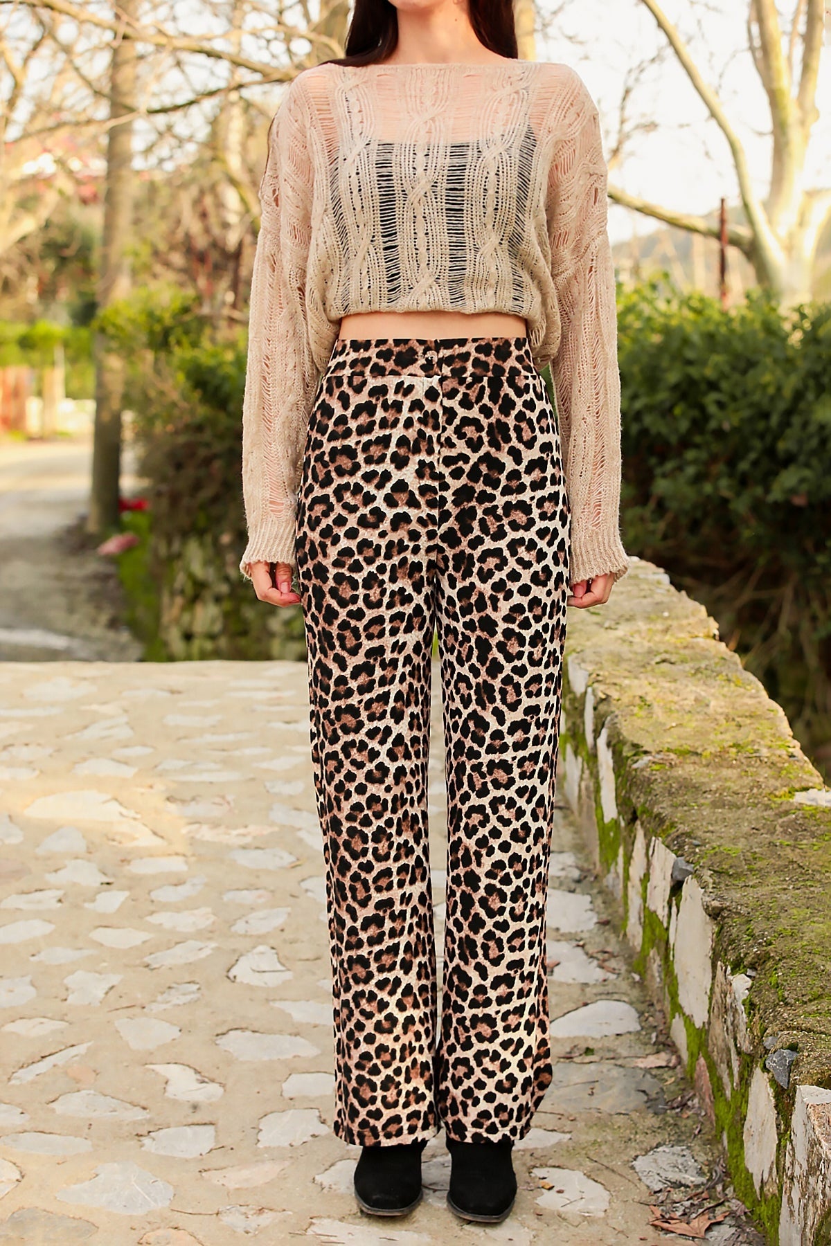 Kadın Bol Paça Leopar Pantolon Leopar - Ön Görünüm 2