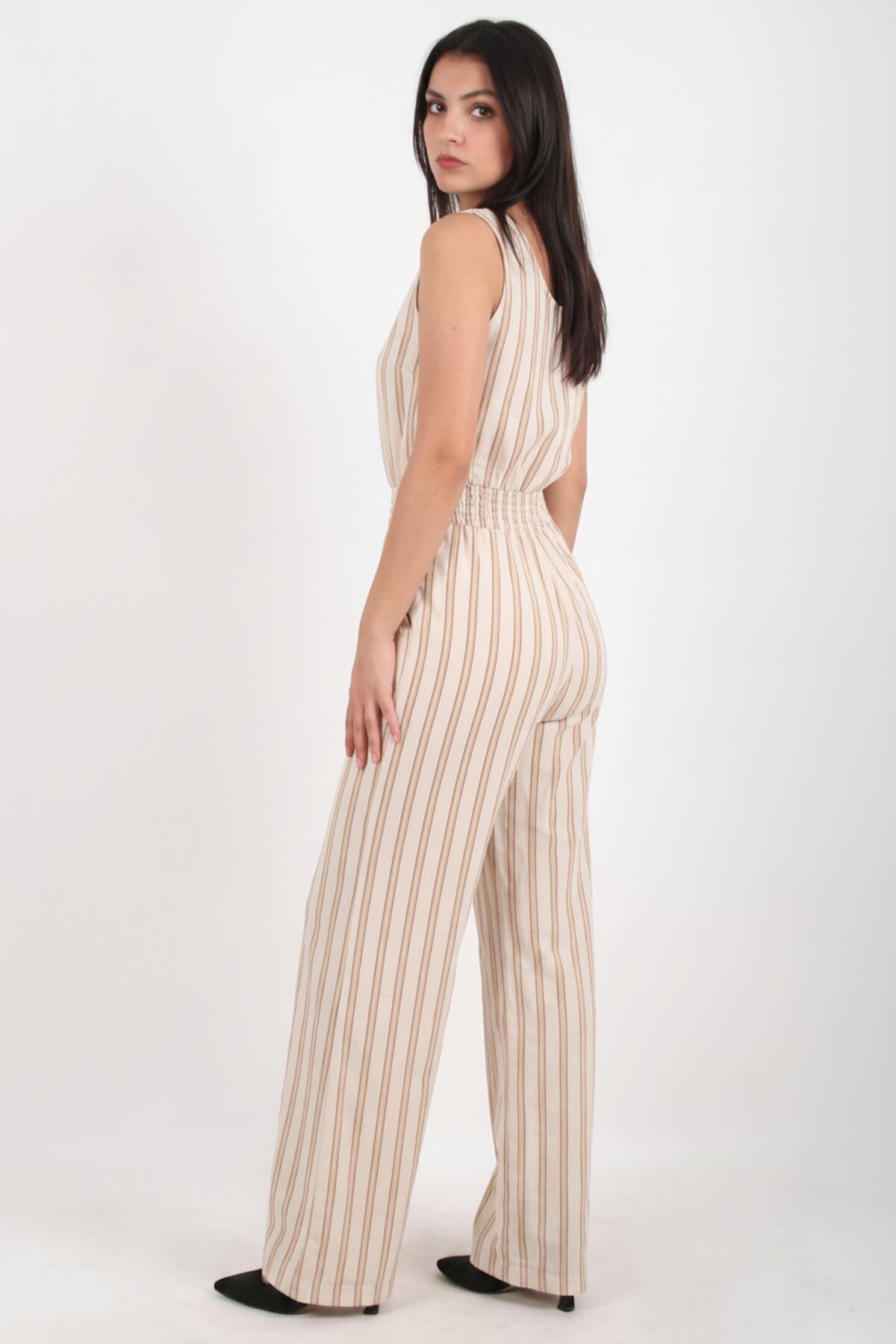 Kadın Çizgili Keten Kolsuz Takım Sarı - Arka Görünüm