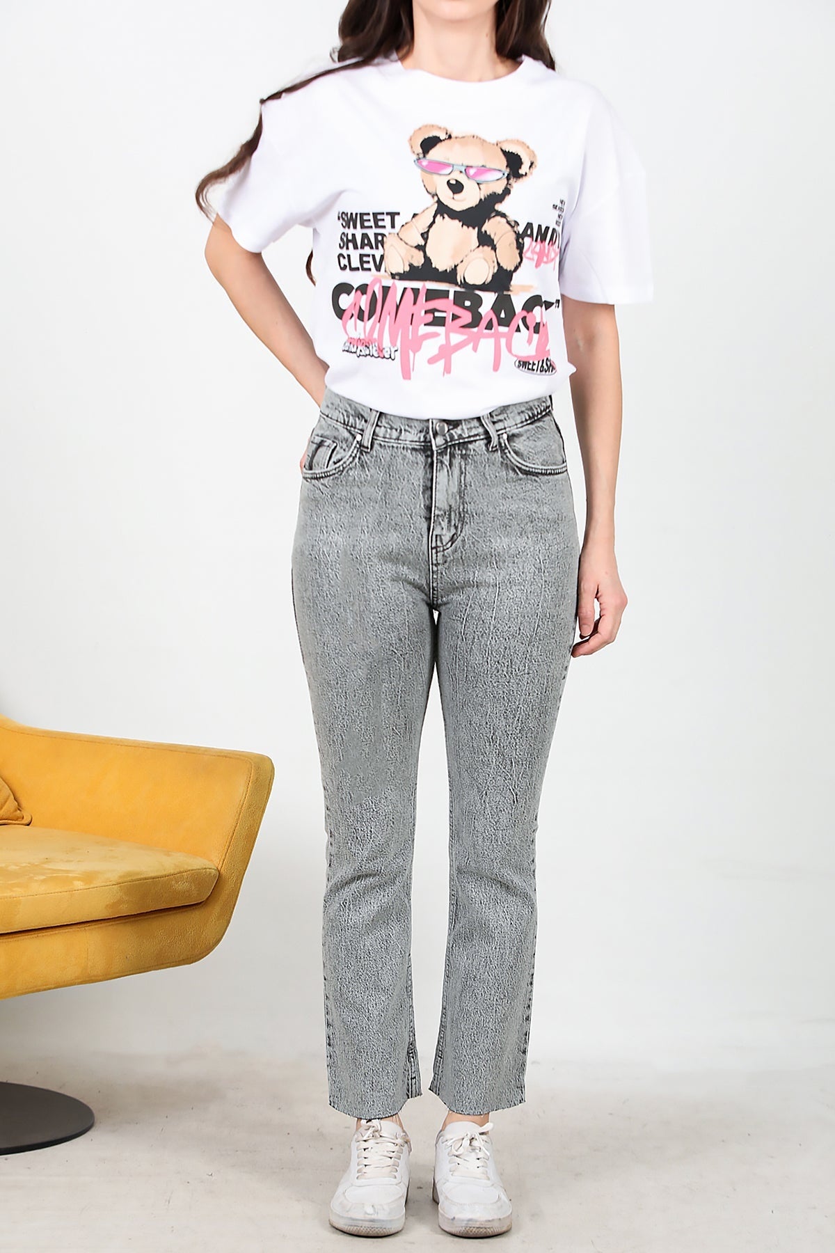 Kadın Crop Jeans Kot Pantolon Antrasit - Yakın Çekim Detay