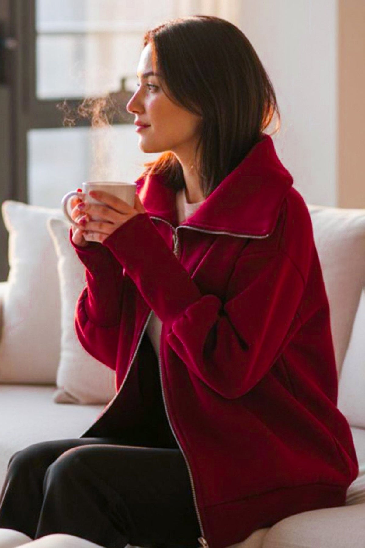 Kadın Dik Yaka Fermuarlı Sweat Bordo - Ön Görünüm