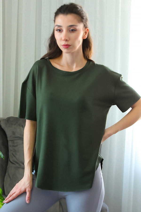 Kadın Eteği Oval Bisiklet Yaka Tshirt Haki - Arka Görünüm