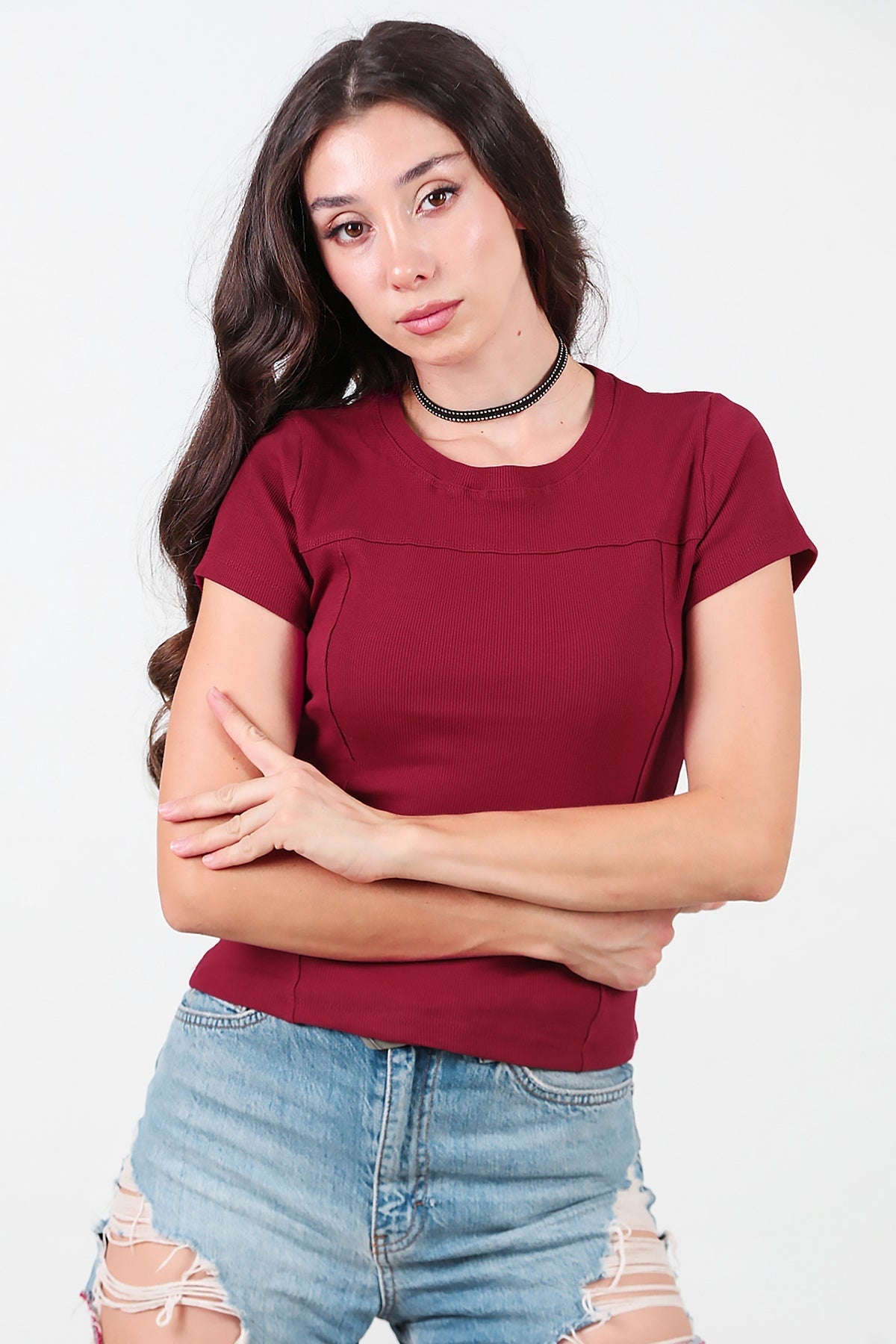 Kadın Fitilli Parçalı Bady Bordo - Model Üzerinde Görünüm