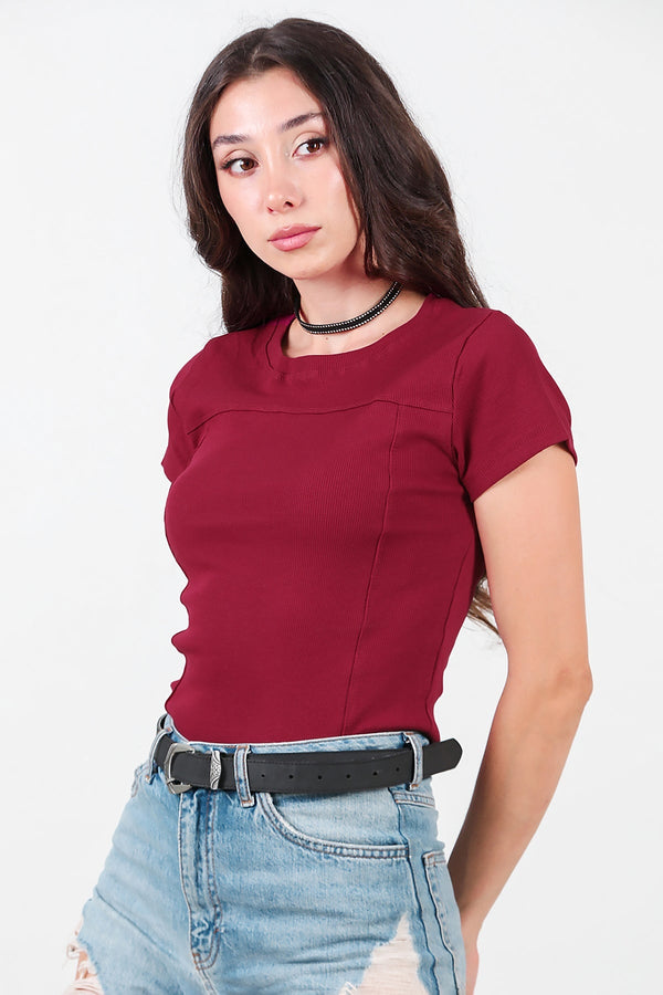 Kadın Fitilli Parçalı Bady Bordo - Yandan Görünüm