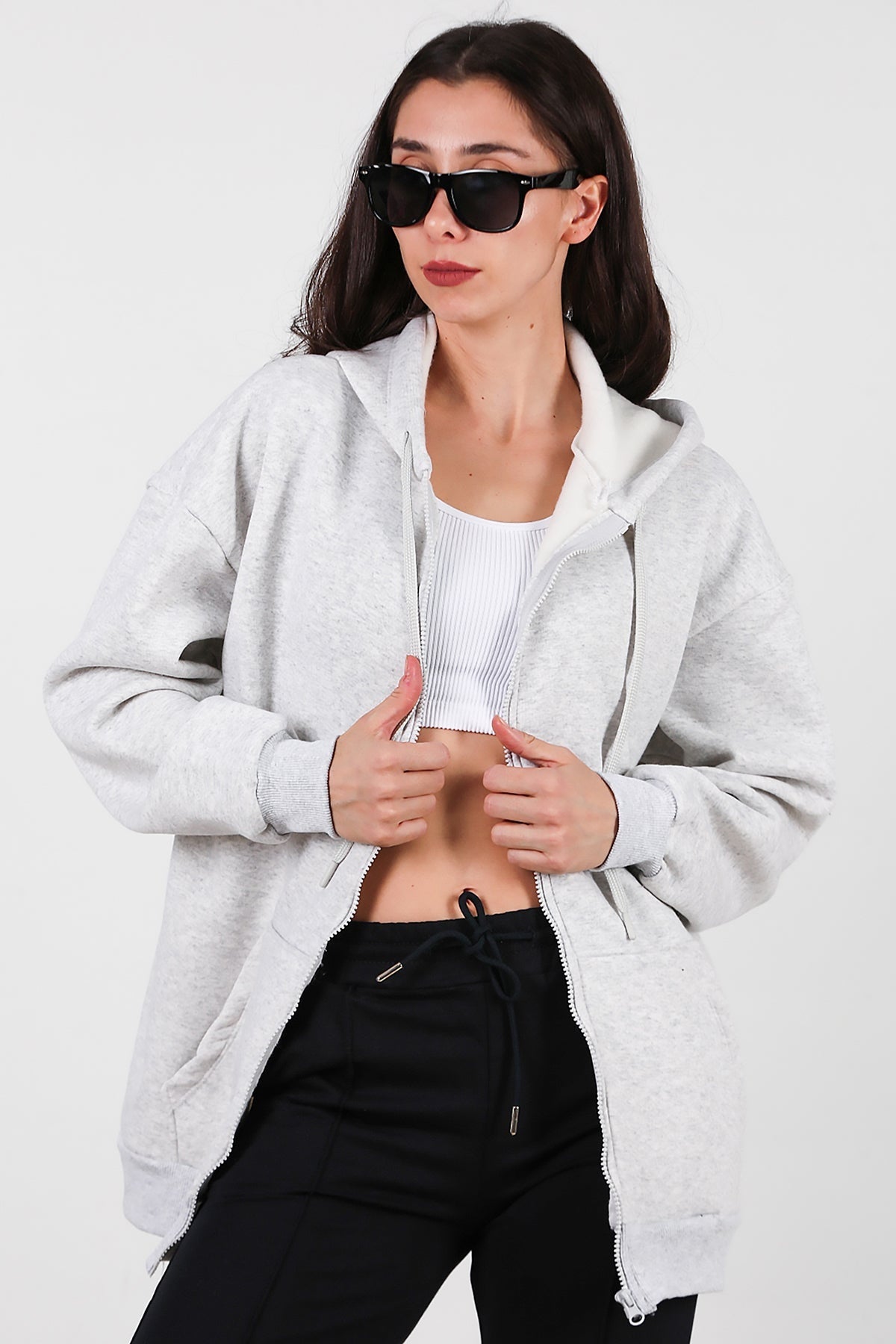 Kadın Kapşonlu Fermuarlı Oversize Üç İplik Sweat  Ekru