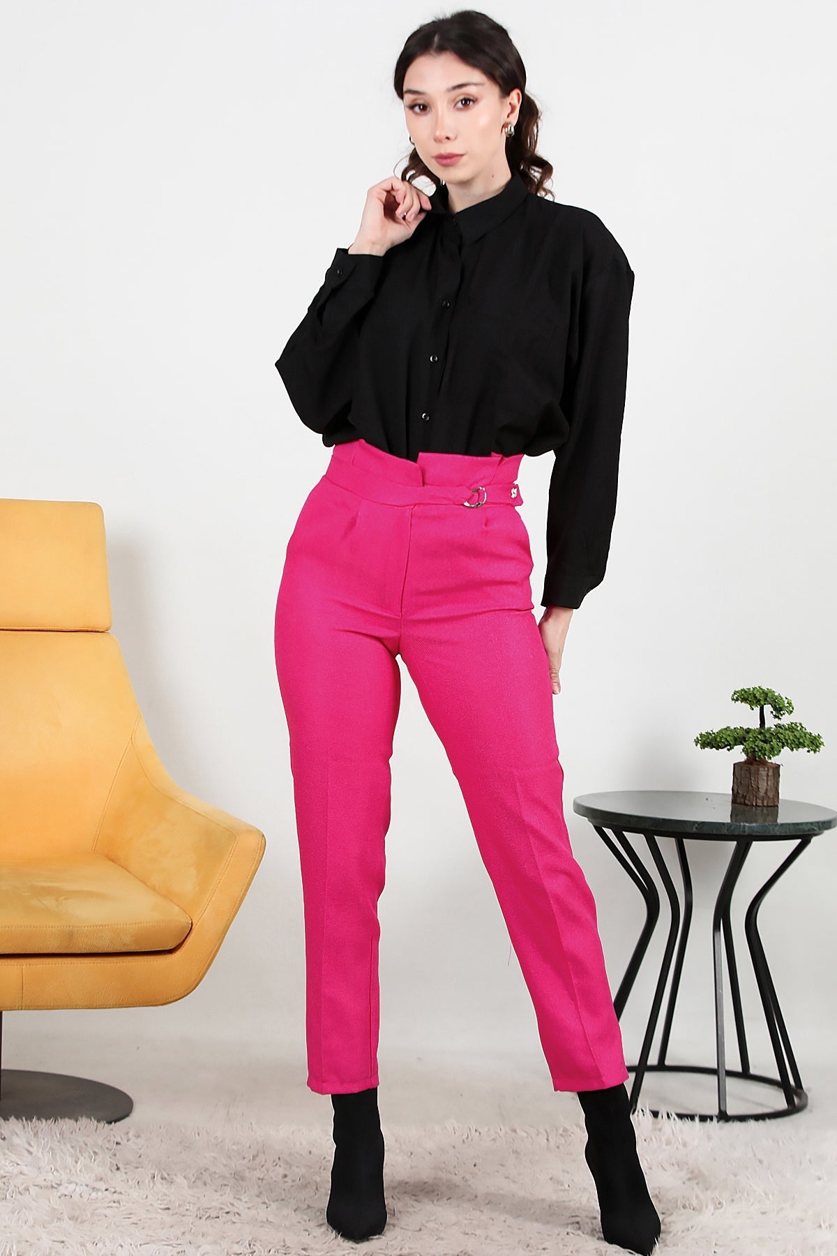 Kadın Kendinden Kemerli Pantolon  Pembe