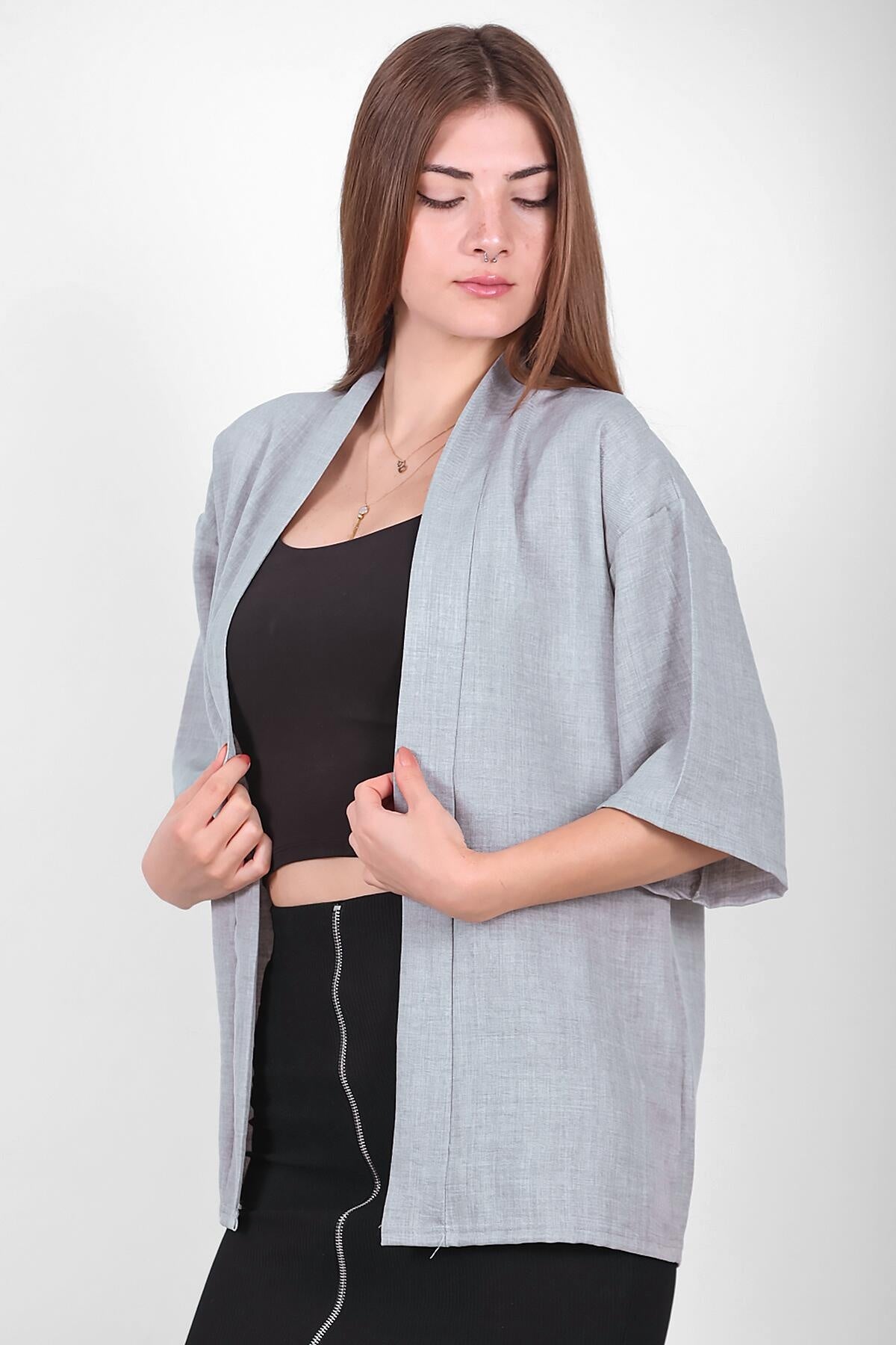 Kadın Keten Kimono Şal Ceket Gri - Detay Görünümü