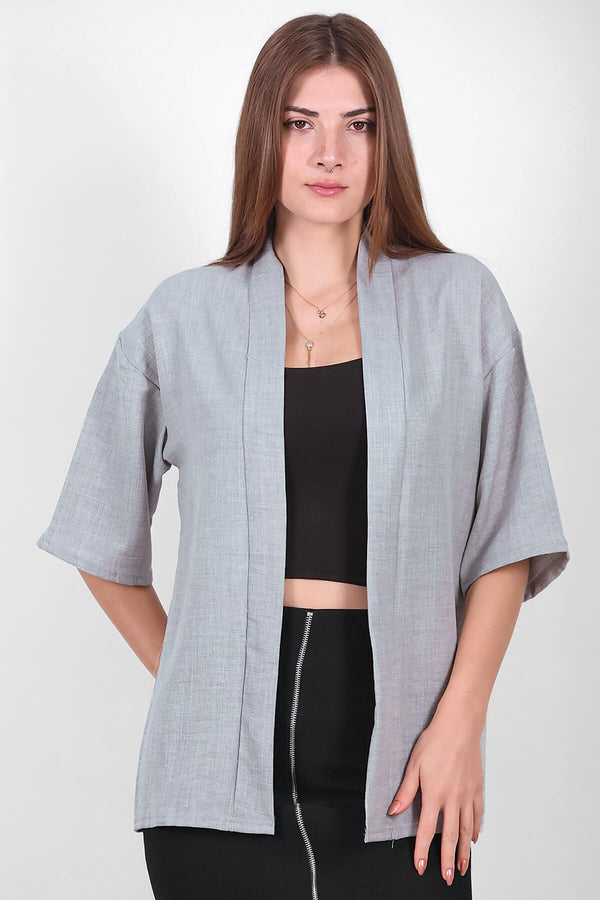 Kadın Keten Kimono Şal Ceket Gri - Model Üzerinde Görünüm