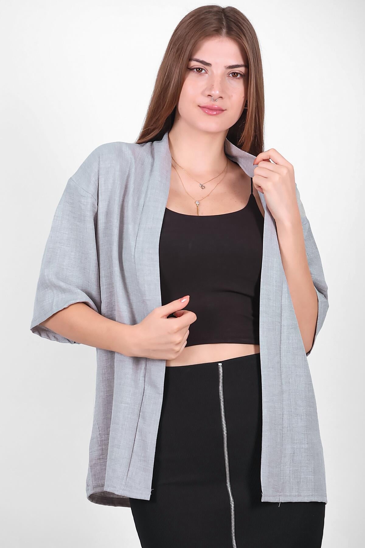 Kadın Keten Kimono Şal Ceket Gri - Ön Görünüm