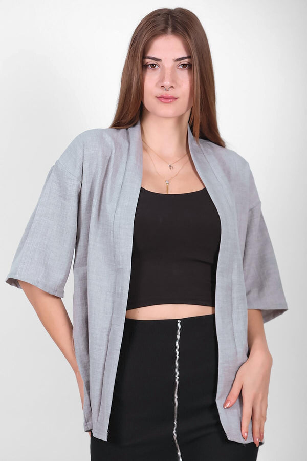 Kadın Keten Kimono Şal Ceket Gri - Yandan Görünüm
