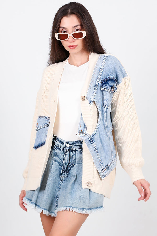 Kadın Kot Yelekli Hırka Taş - Model Üzerinde Görünüm