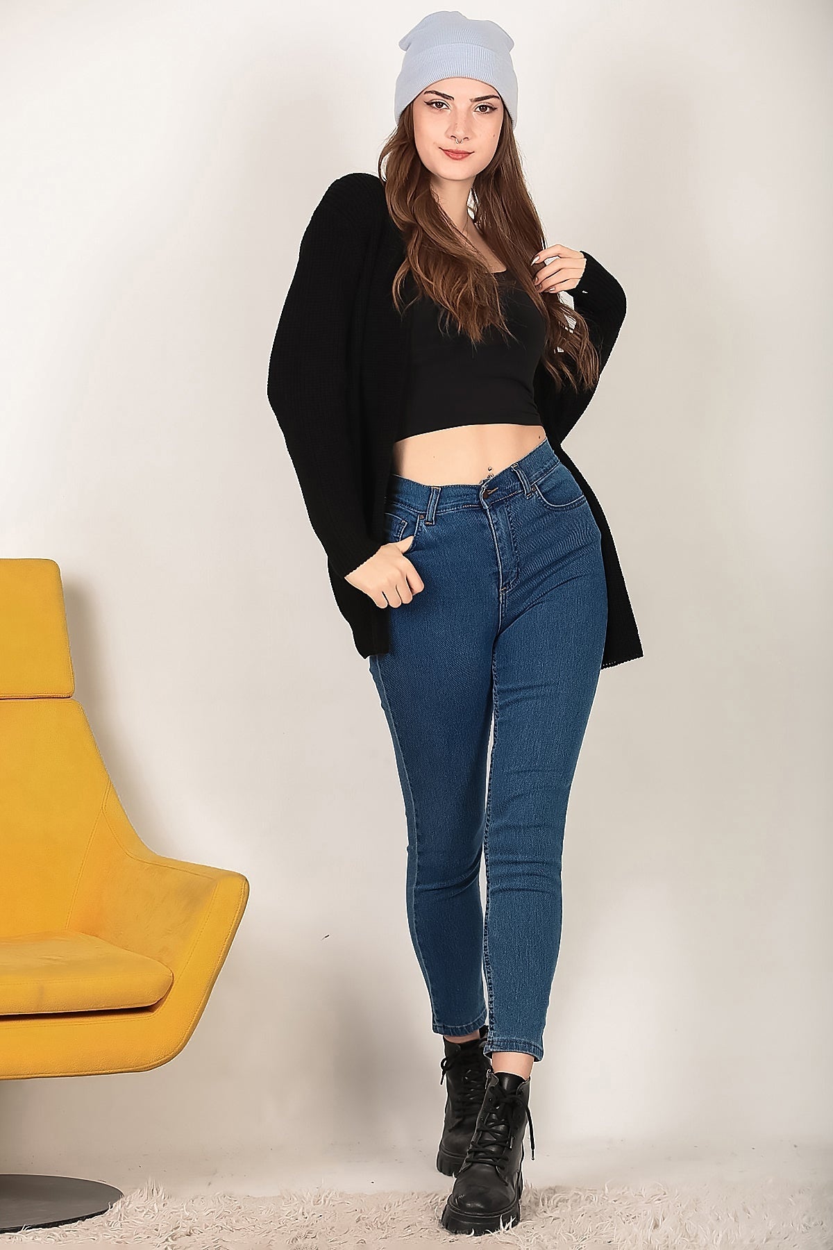 Kadın Likralı Mom Jeans Pantolon Koyu Mavi - Ön Görünüm