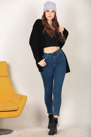 Kadın Likralı Mom Jeans Pantolon Koyu Mavi - Ön Görünüm