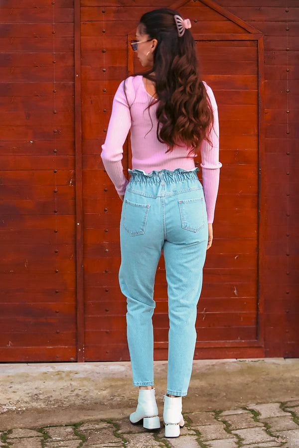 Kadın Mom Jeans Kot Pantolon Mavi - Yakın Çekim Detay