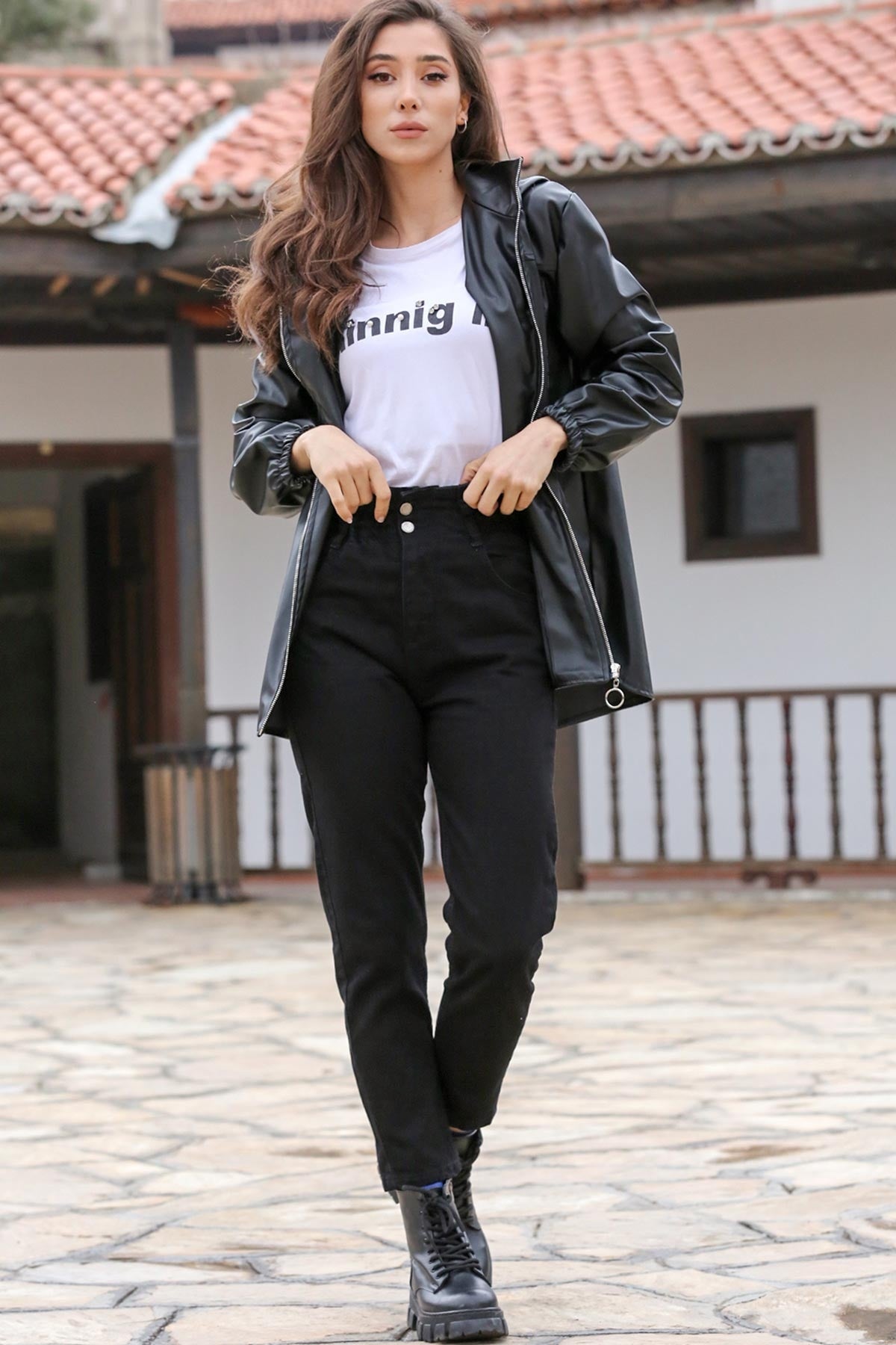 Kadın Mom Jeans Kot Pantolon Siyah - Ön Görünüm