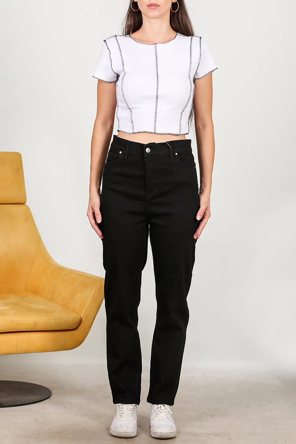 Kadın Mom Jeans Pantolon Siyah - Yakın Çekim Detay