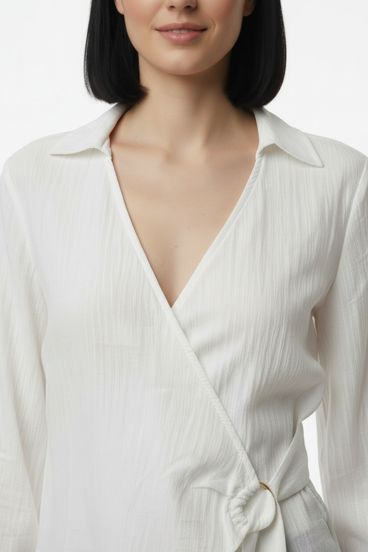 Kadın Müslim Tencel Kumaş Detaylı Bluz Ekru - Detay Görünümü