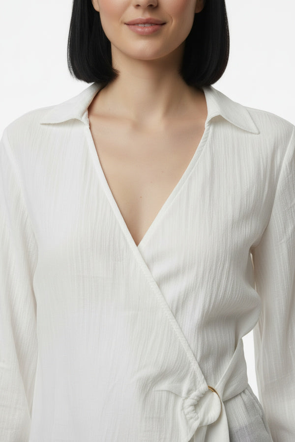 Kadın Müslim Tencel Kumaş Detaylı Bluz Ekru - Detay Görünümü