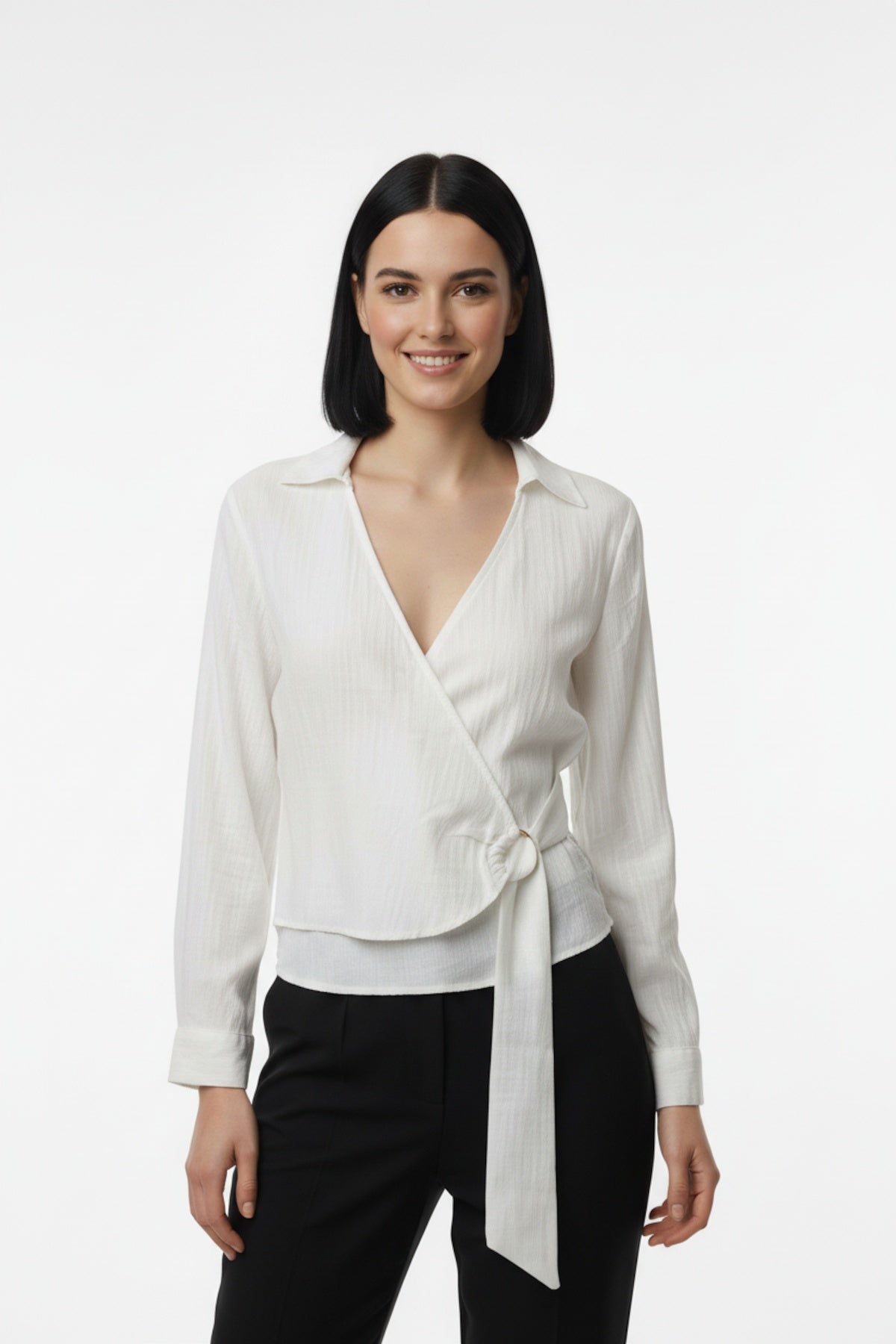 Kadın Müslim Tencel Kumaş Detaylı Bluz Ekru - Ön Görünüm
