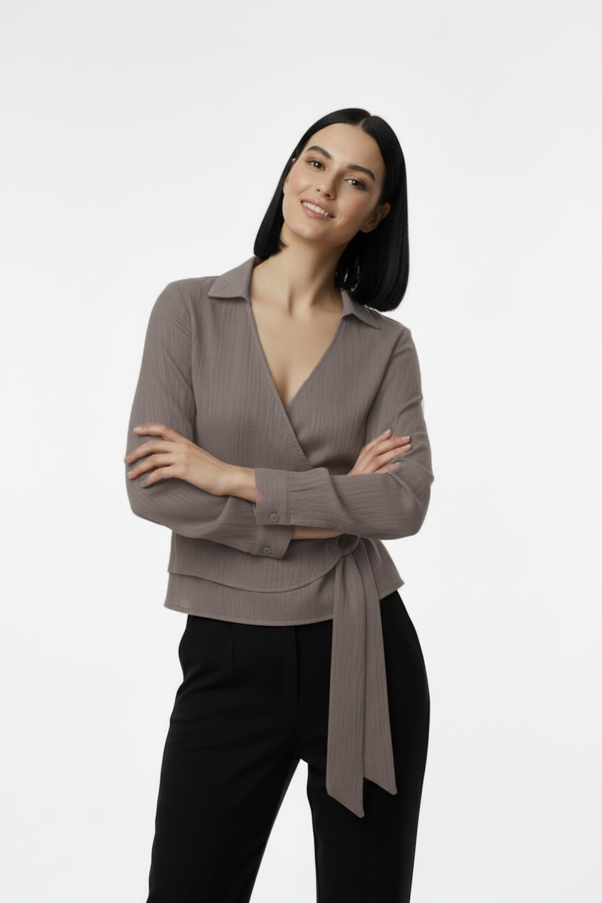 Kadın Müslim Tencel Kumaş Detaylı Bluz Vizon - Ön Görünüm