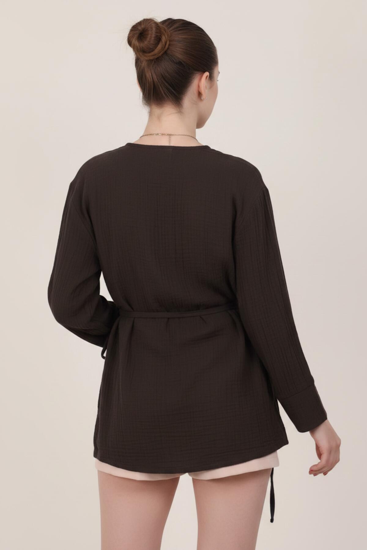 Kadın Müslin Kruvaze Kimono Tunik Kahverengi - Detay Görünümü