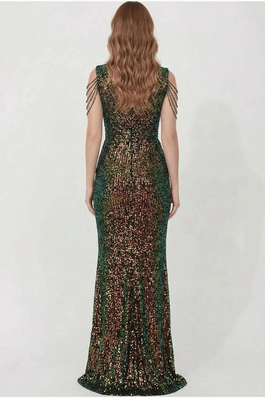 Kadın Omuzları Zincir Detay Pullu Uzun Abiye Hologram - Arka Görünüm