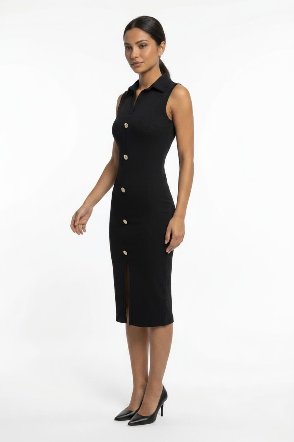Kadın Ottoman Patlı Düğmeli Uzun Elbise Siyah - Model Üzerinde Görünüm