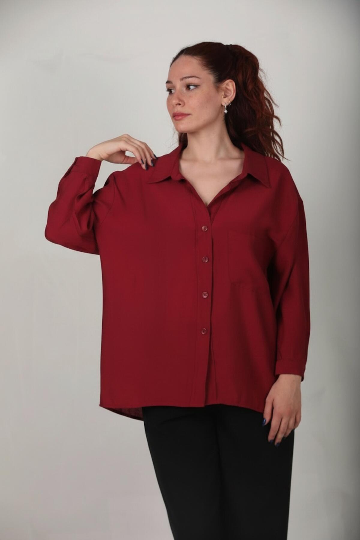 Kadın Oversize Düşük Omuz Gömlek Bordo - Arka Görünüm