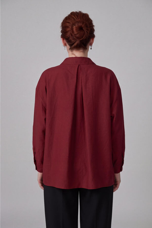 Kadın Oversize Düşük Omuz Gömlek Bordo - Detay Görünümü