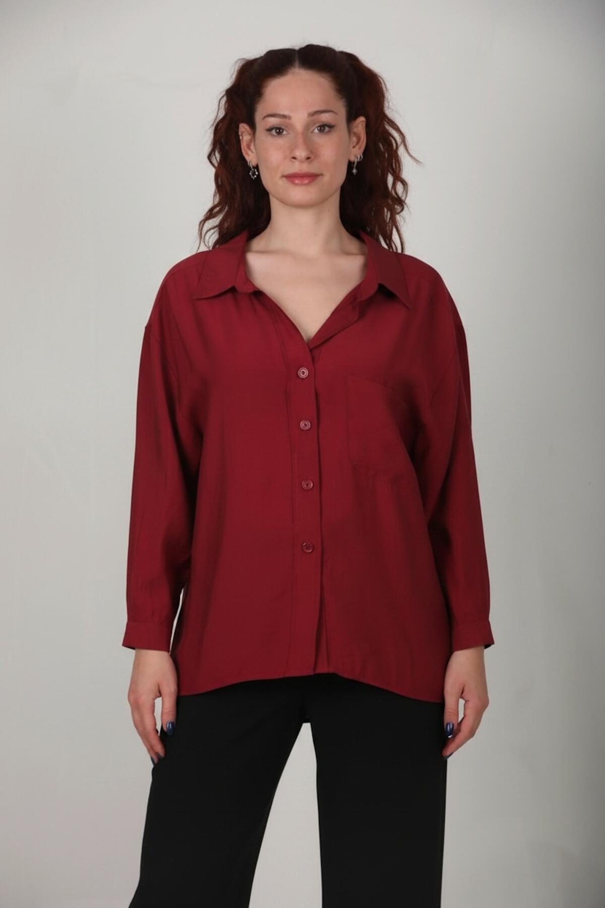 Kadın Oversize Düşük Omuz Gömlek Bordo - Ön Görünüm