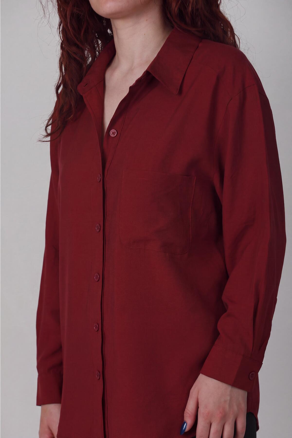 Kadın Oversize Düşük Omuz Gömlek Bordo - Yandan Görünüm