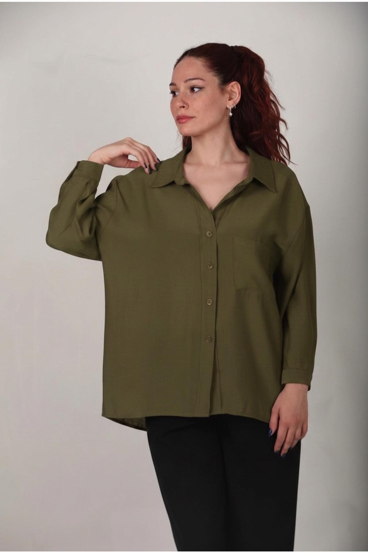 Kadın Oversize Düşük Omuz Gömlek Haki - Arka Görünüm