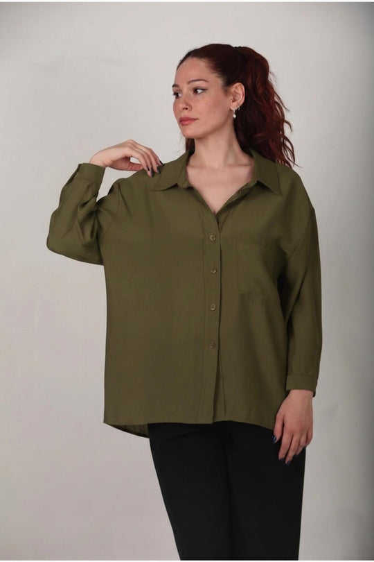 Kadın Oversize Düşük Omuz Gömlek Haki - Arka Görünüm
