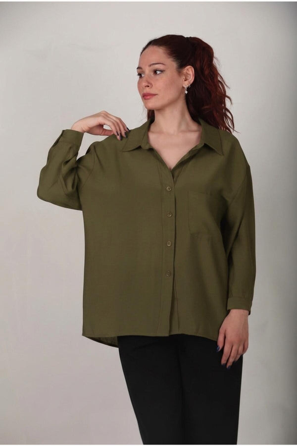 Kadın Oversize Düşük Omuz Gömlek Haki - Arka Görünüm
