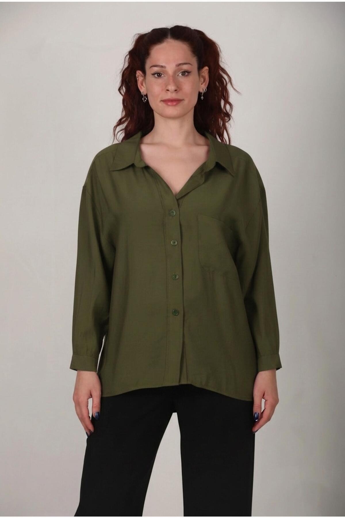 Kadın Oversize Düşük Omuz Gömlek Haki - Ön Görünüm